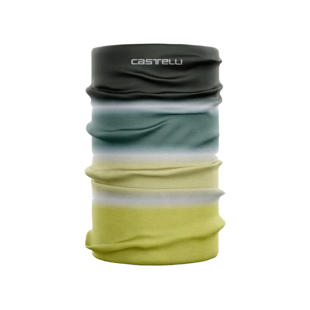 green multicoloured striped Castelli headwear designed for cycling.