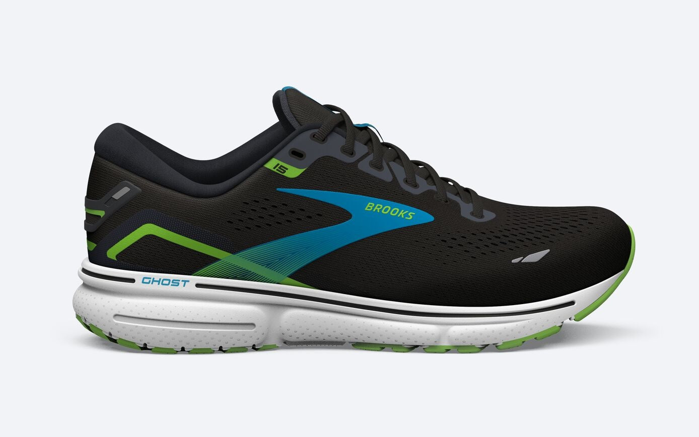 brooks ghost 15, daily running shoe, black with blue and green details
