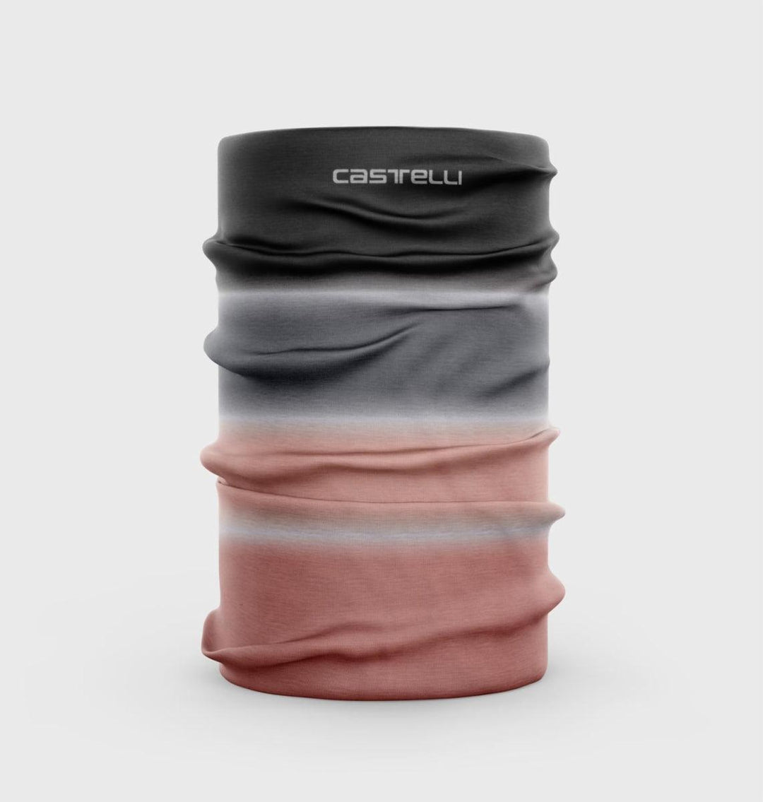 Gradient neck gaiter with black, gray, and pink colors on a white background