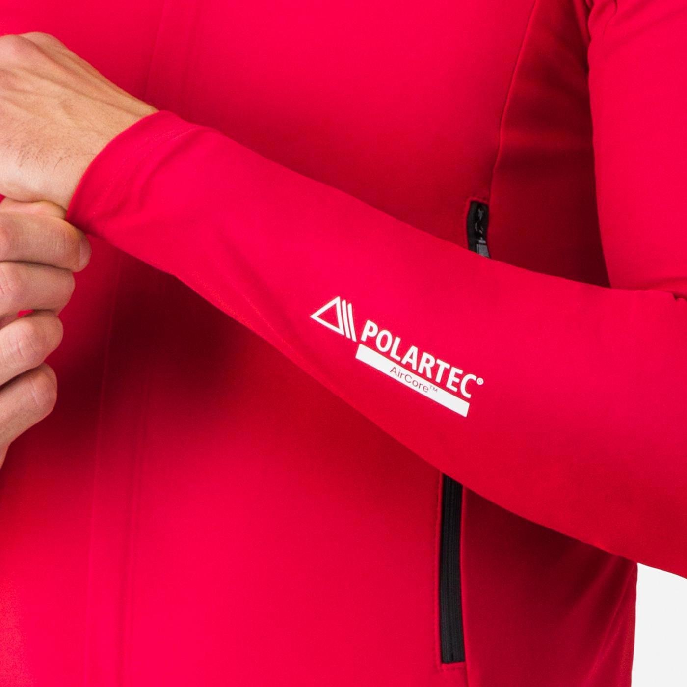 castelli perfetto ros 3 jacket, water resistant windproof breathable cycling jacket, black colour with reflective grey details, close up of arm with polartec aircore logo