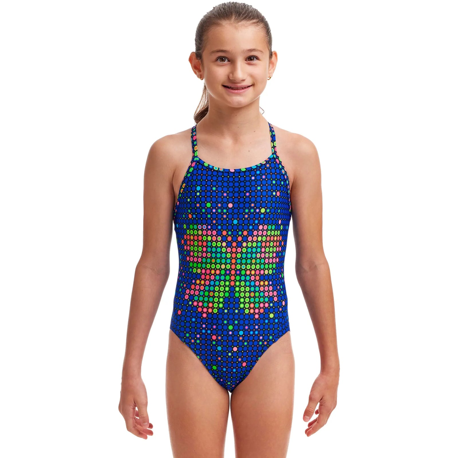 girls funkita diamond back swimsuit, girls swimming togs with thick straps, girl wearing blue swimsuit with butterfly dot pattern