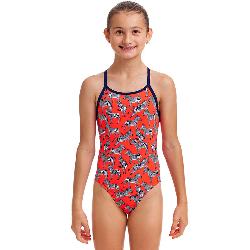 girls funkita diamond back swimsuit, girls swimming togs with thick straps, girl wearing red swimsuit with zebra pattern