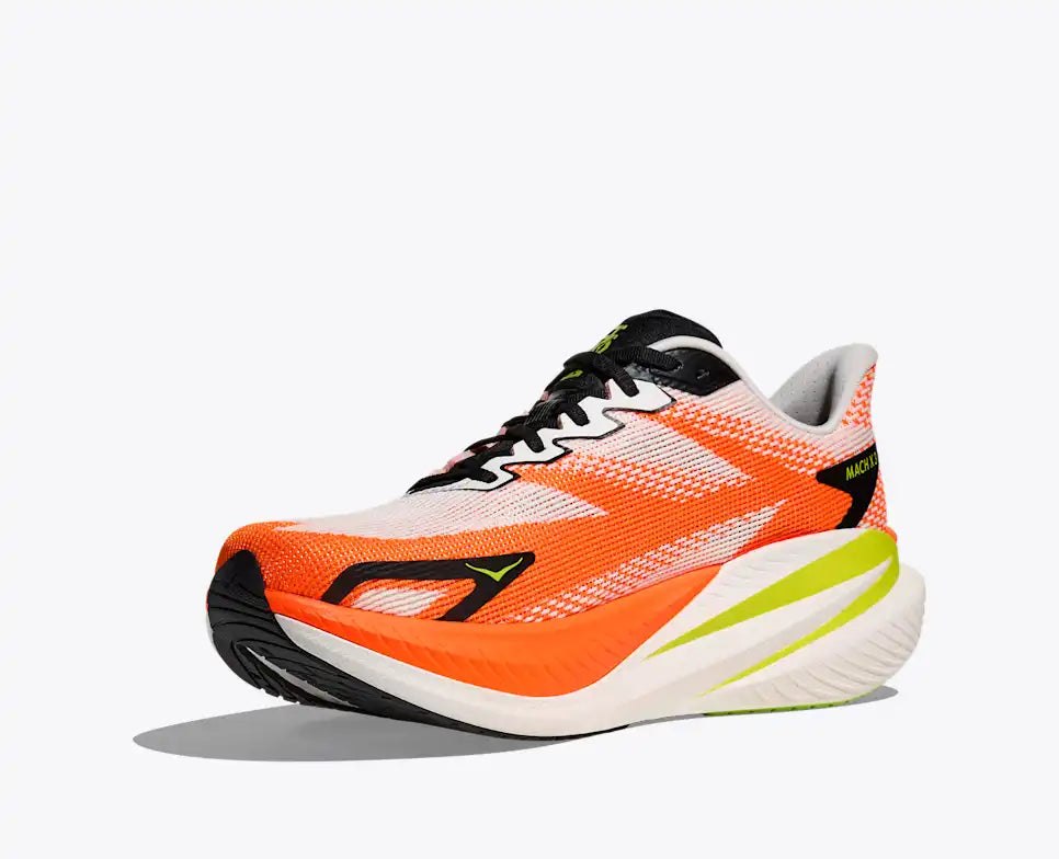 hoka mach x 3 for men, pebax plated speed and tempo road running shoe, white with orange colour black and lime green details, inside profile of shoe