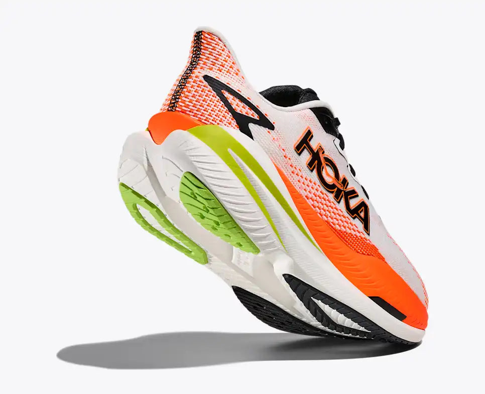 hoka mach x 3 for men, pebax plated speed and tempo road running shoe, white with orange colour black and lime green details, lifted heel showing sole of shoe