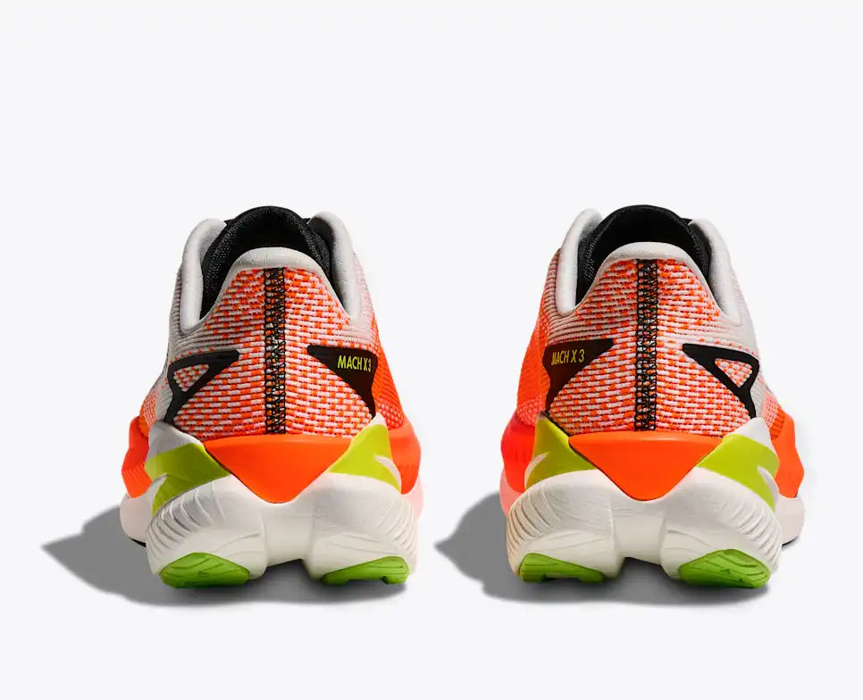hoka mach x 3 for men, pebax plated speed and tempo road running shoe, white with orange colour black and lime green details, heels of shoe