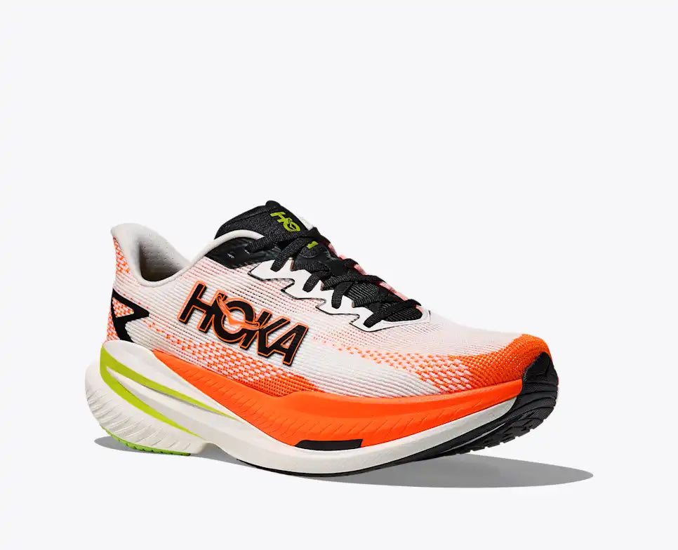 hoka mach x 3 for men, pebax plated speed and tempo road running shoe, white with orange colour black and lime green details, side profile of shoe angled