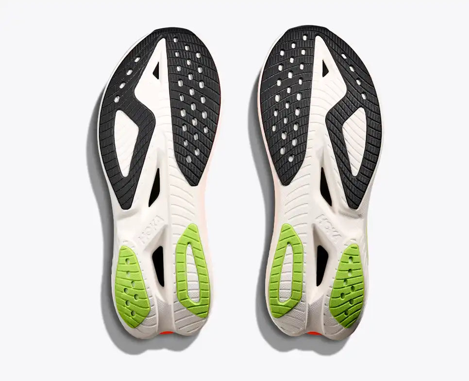 hoka mach x 3 for men, pebax plated speed and tempo road running shoe, white with orange colour black and lime green details, sole of shoe