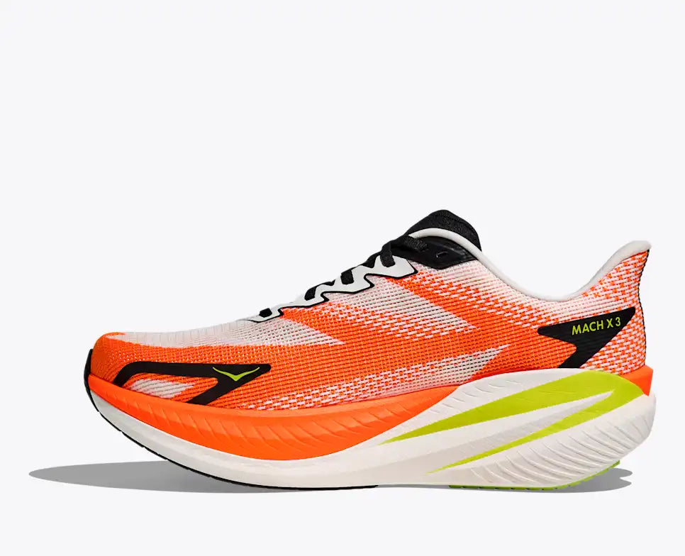 hoka mach x 3 for men, pebax plated speed and tempo road running shoe, white with orange colour black and lime green details, inside profile of shoe