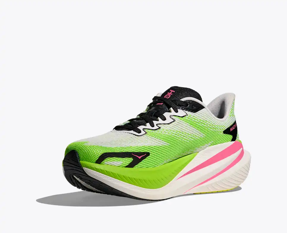 hoka mach x 3 for women, pebax plated speed and tempo running shoe, lime green and white with black and pink details, inside angled profile