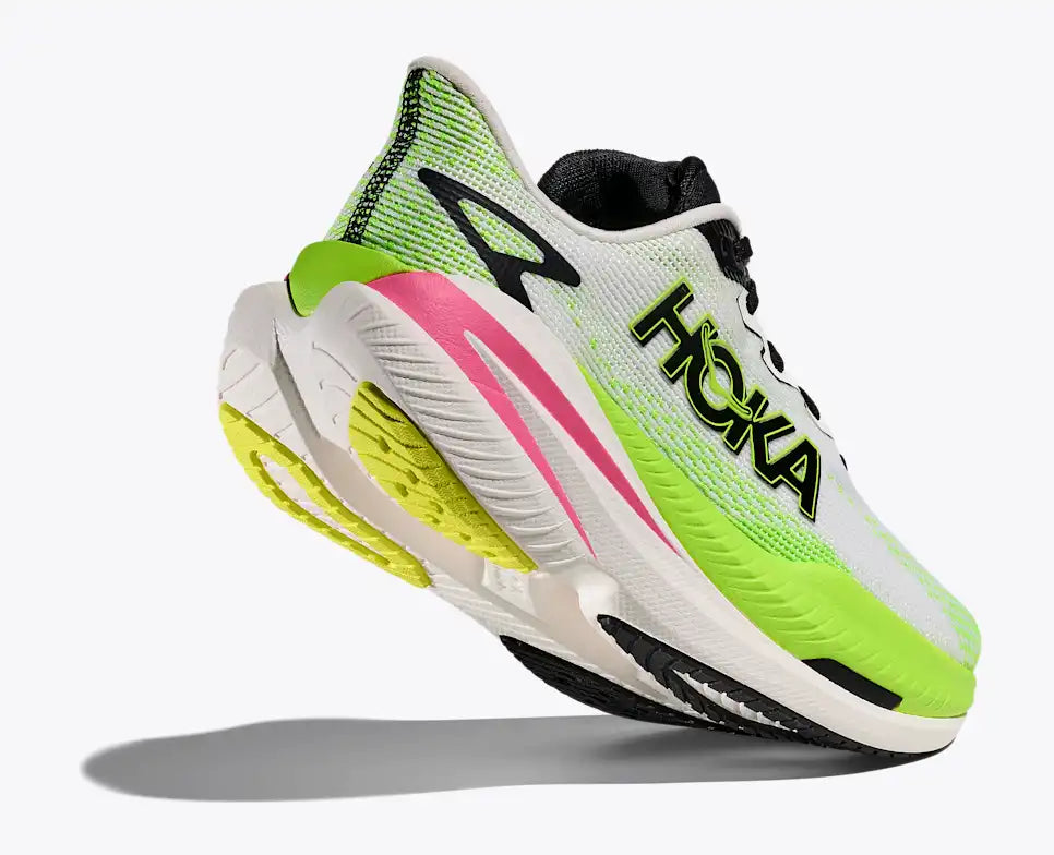 hoka mach x 3 for women, pebax plated speed and tempo running shoe, lime green and white with black and pink details, shoe with lifted heel showing sole