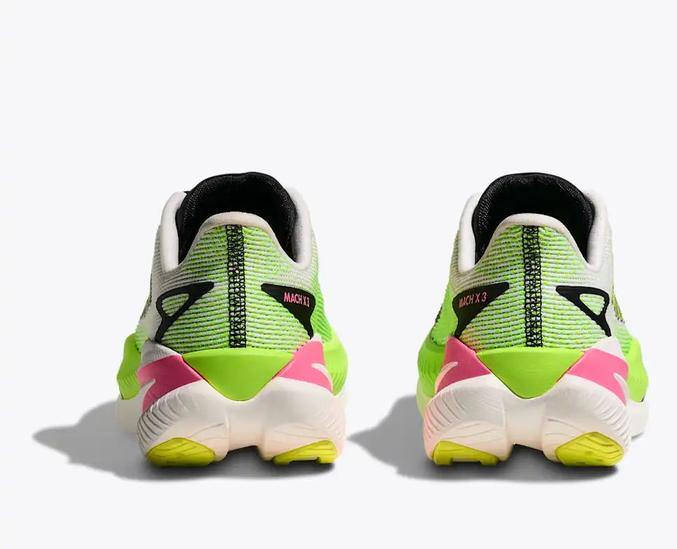hoka mach x 3 for women, pebax plated speed and tempo running shoe, lime green and white with black and pink details, back heels of a pair of shoe