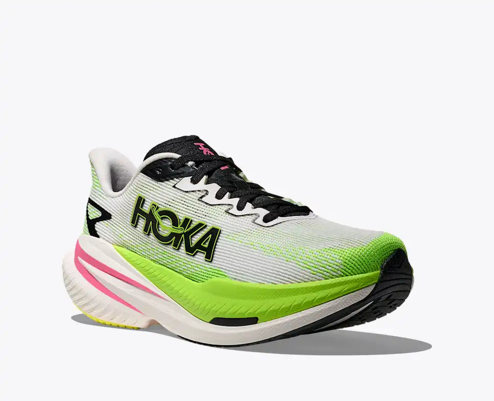 hoka mach x 3 for women, pebax plated speed and tempo running shoe, lime green and white with black and pink details, angled side profile