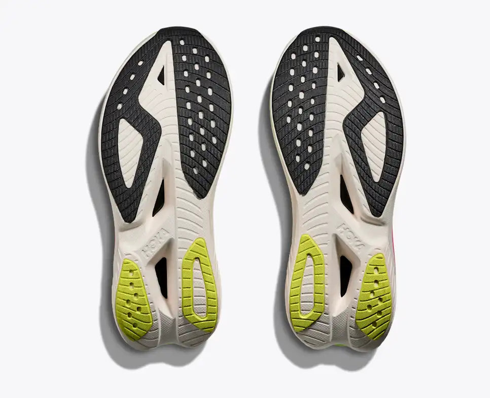 hoka mach x 3 for women, pebax plated speed and tempo running shoe, lime green and white with black and pink details, sole of shoe