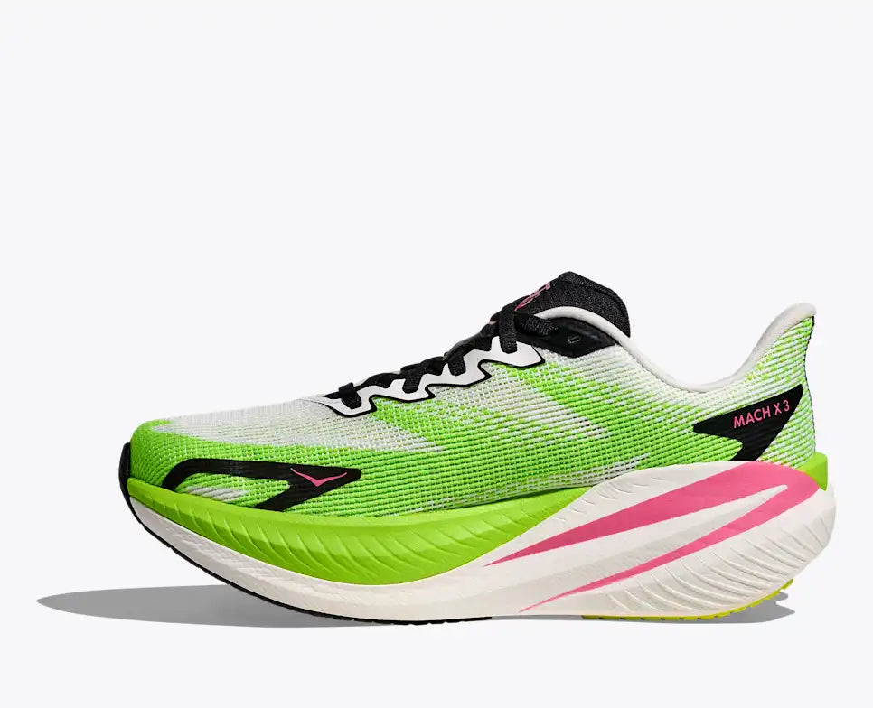 hoka mach x 3 for women, pebax plated speed and tempo running shoe, lime green and white with black and pink details, inside profile of shoe