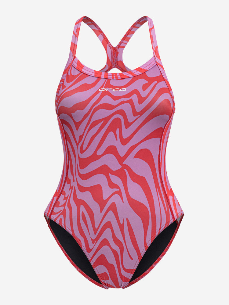 Orca Core One Piece Thin Strap Swimsuit for women in a pink patternt