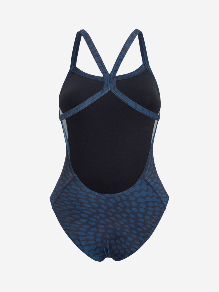 Orca swimsuit for women, blue and black thin strap swimwear, back view