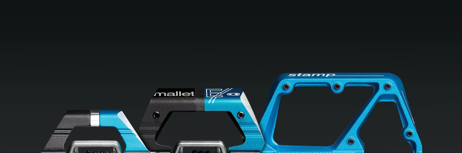bright blue range of bicycle pedals for road biking, mountain biking, kids bikes