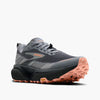 brooks cascadia 20 for women, road to trail gravel running and walking shoe, dark grey and black with peach detail, angled profile of shoe
