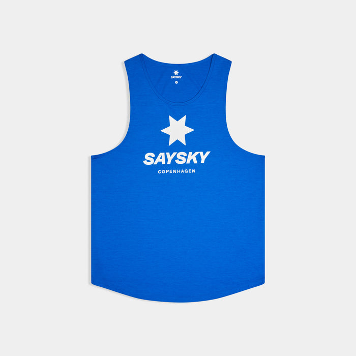saysky logo combat pro singlet for men, lightweight moisutre wicking tank top, royal blue colour with white logo, front of tank