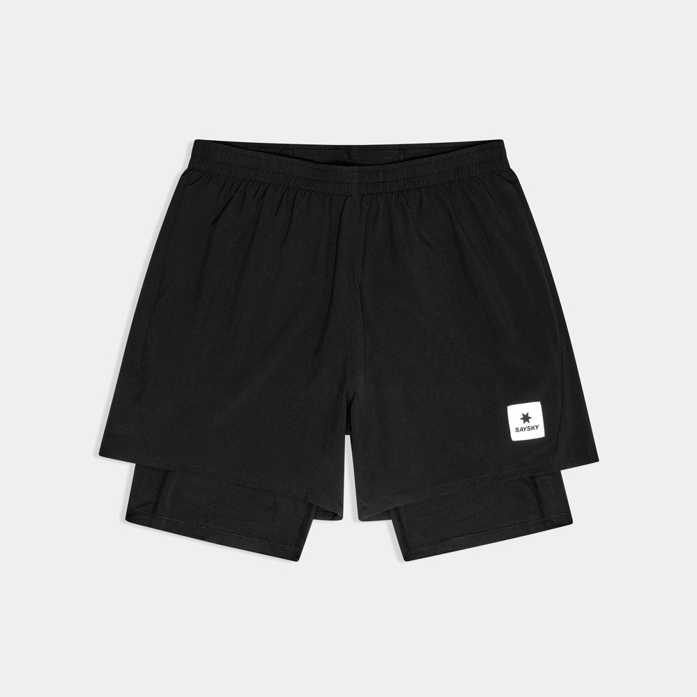 saysky pace 2-in-1 runnning short for men in black, comfortable running short with pockets, shorts on white background