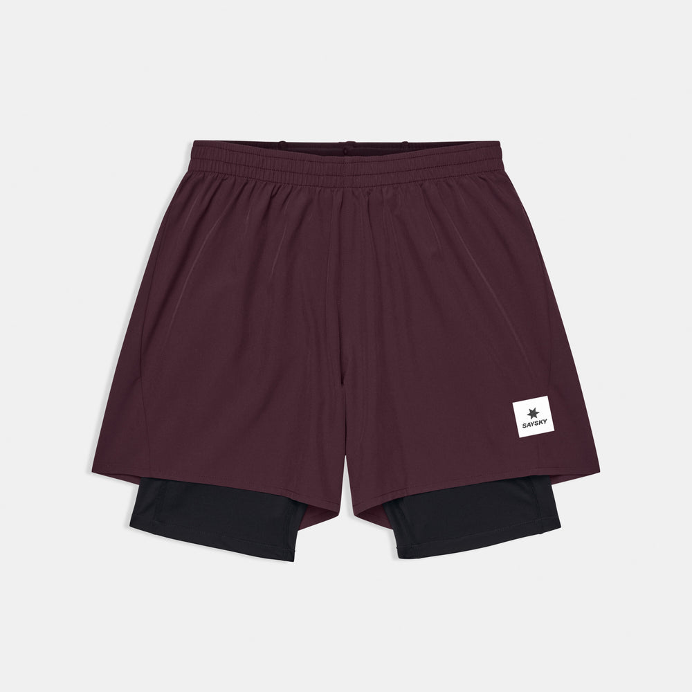 saysky pace 2-in-1 runnning short for men in burgundy, comfortable running short with pockets, shorts on white background