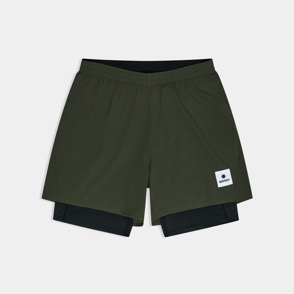 saysky pace 2-in-1 runnning short for men in green, comfortable running short with pockets, green shorts on white background
