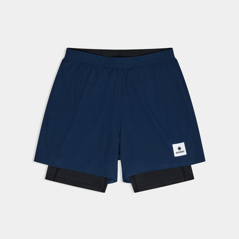 saysky 2 in 1 pace shorts 5 inch, running short with under compressive short, navy blue colour, shorts on white background