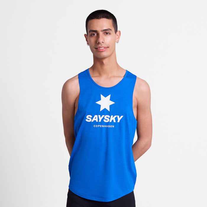 saysky logo combat pro singlet for men, lightweight moisutre wicking tank top, royal blue colour with white logo, front of tank on male model