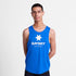 saysky logo combat pro singlet for men, lightweight moisutre wicking tank top, royal blue colour with white logo, front of tank on male model