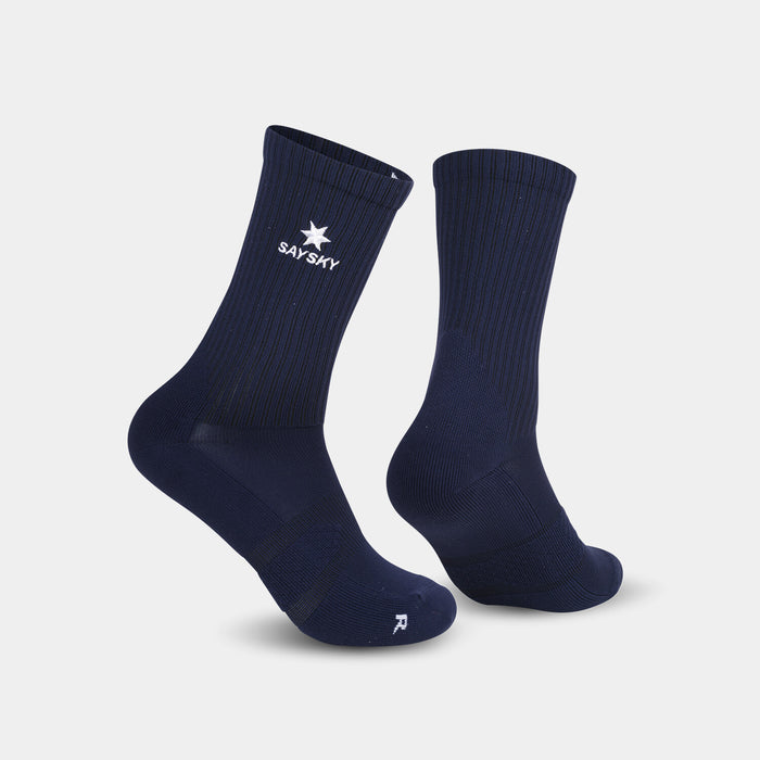 SAYSKY unisex running socks, cushioned and breathable sock for running, navy socks with white logo details, image of SAYSKY socks on a white background
