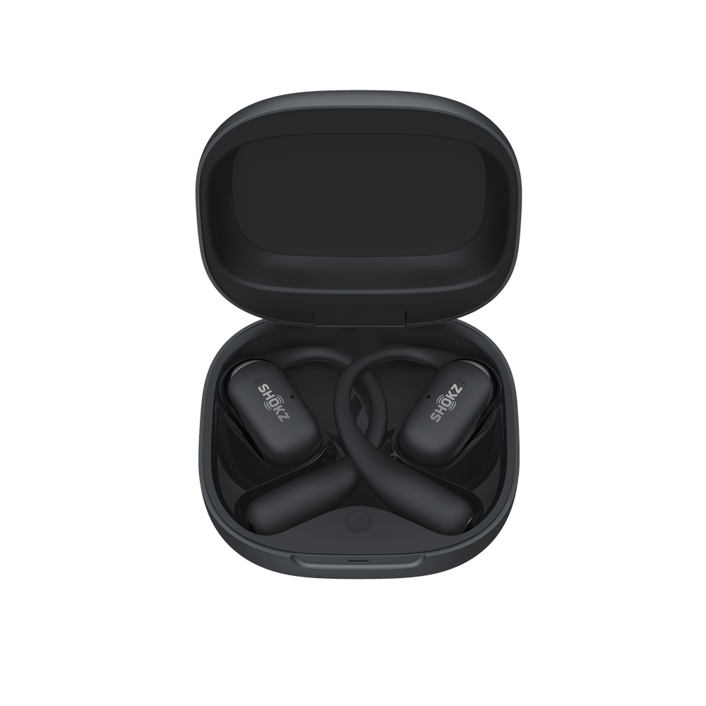 black shokz openfit headphones, earbuds in box