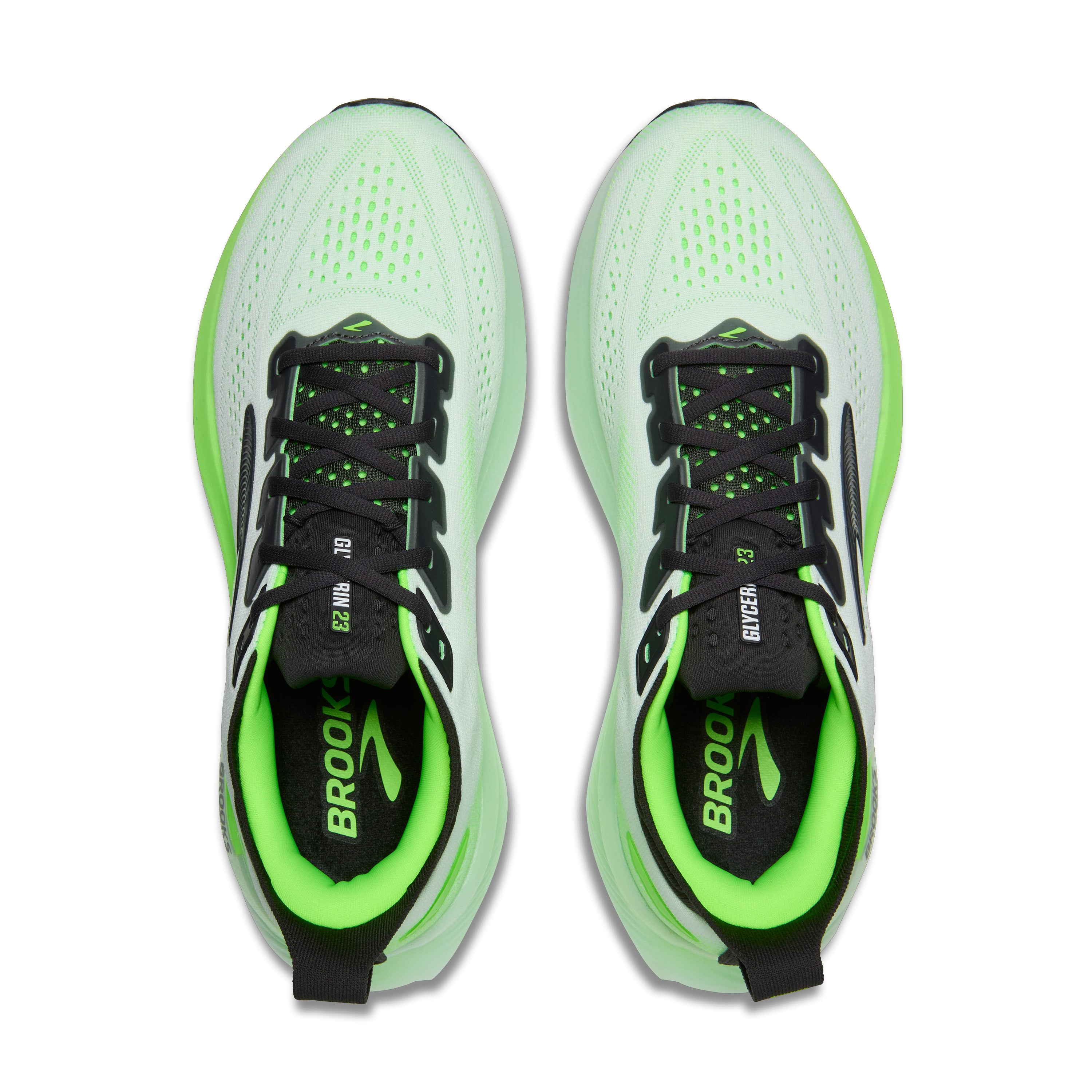 Top view of laces of Brooks Glycerin 23 for men in the white phantom green colour