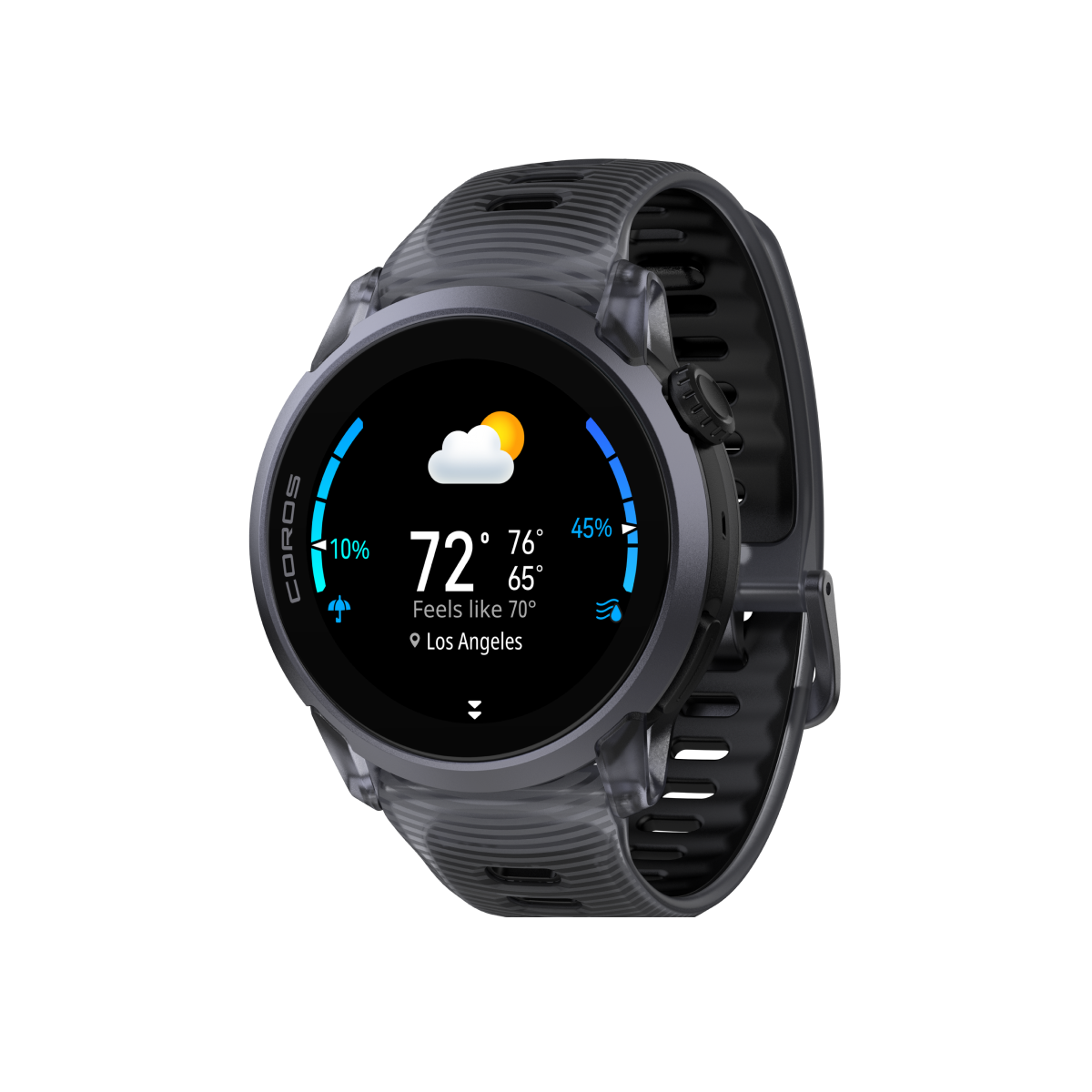 angled view of coros pace 4 smart watch in aluminium, black colour