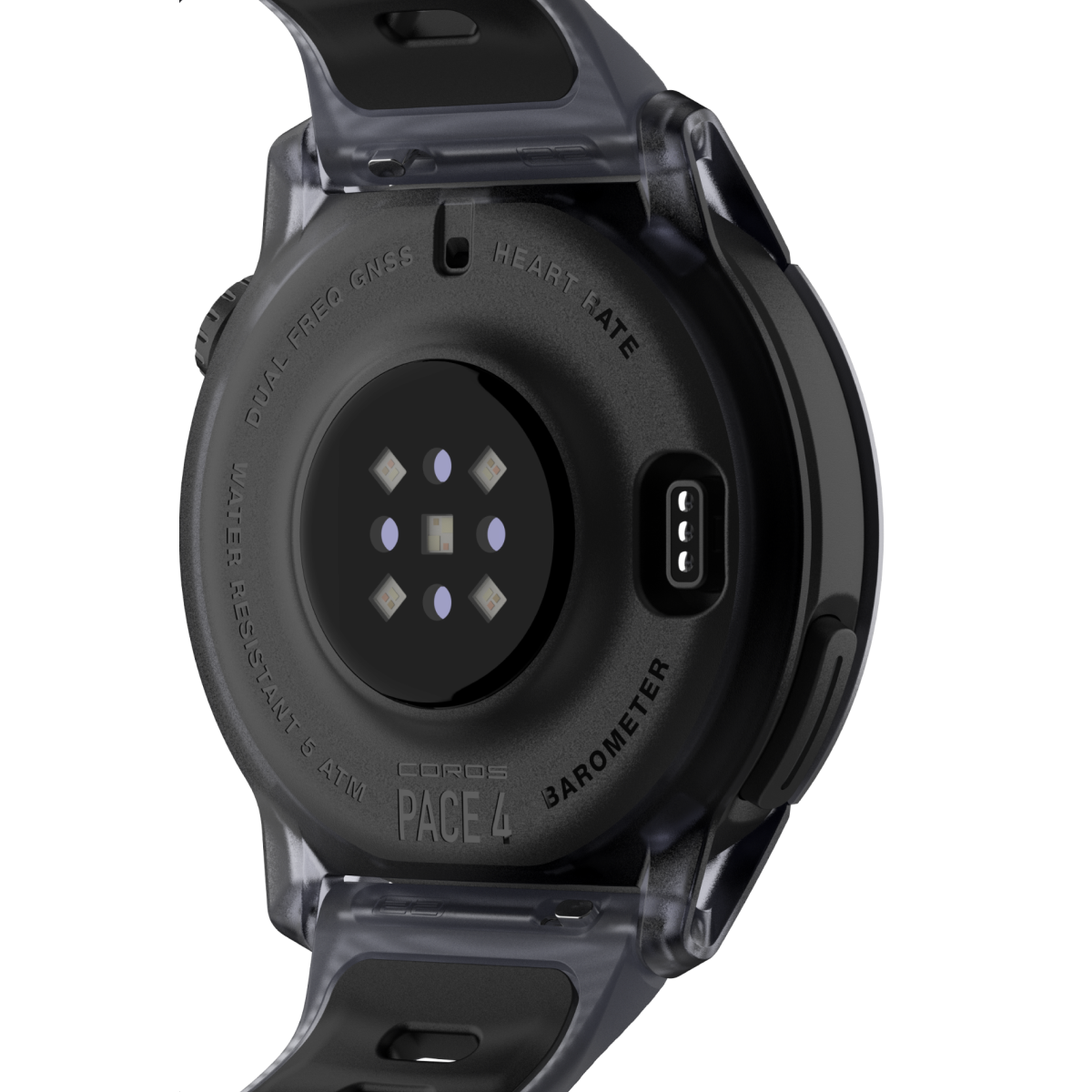 inside view of coros pace 4 smart watch in aluminium, black colour