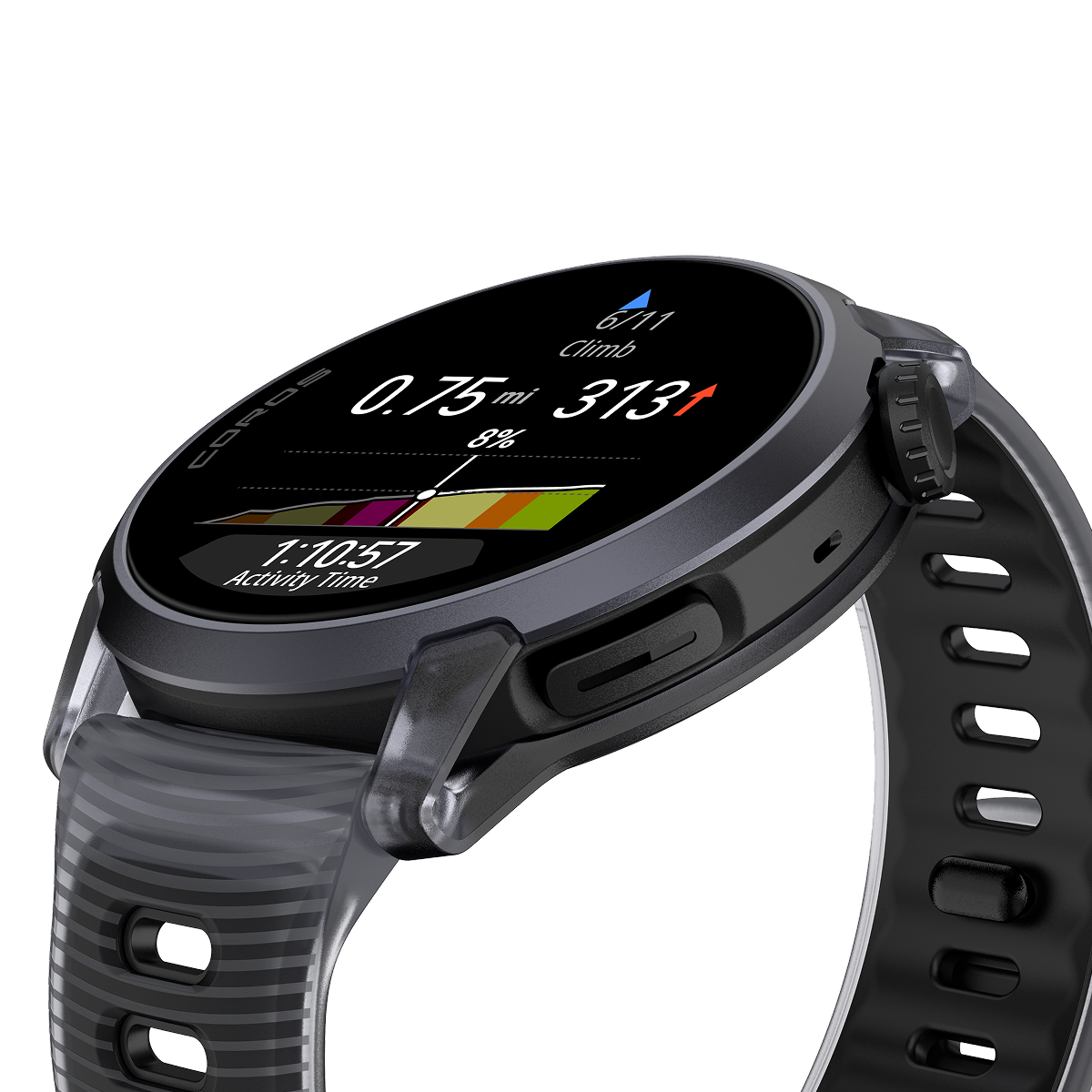 side view of coros pace 4 smart watch in aluminium, black colour
