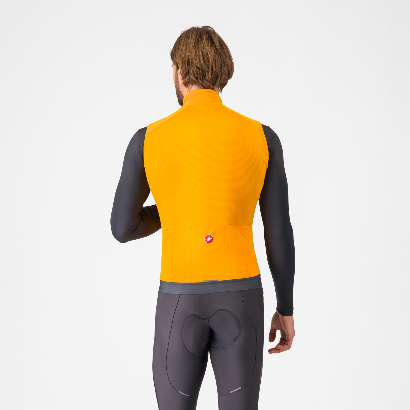 Man wearing Castelli Espresso Vest in orange colour, showing back, with other castelli cycling gear
