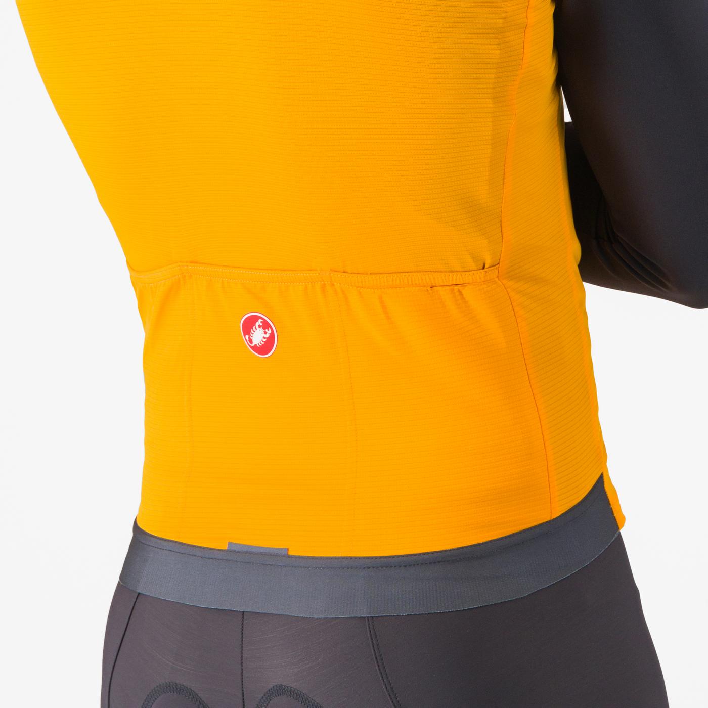 Man wearing Castelli Espresso Vest in orange colour, showing back pocket in close up, with other castelli cycling gear