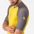 Man wearing Castelli Unlimited Endurance 3 Cycling Jersey in grey and yellow, focus on stretch on sleeve