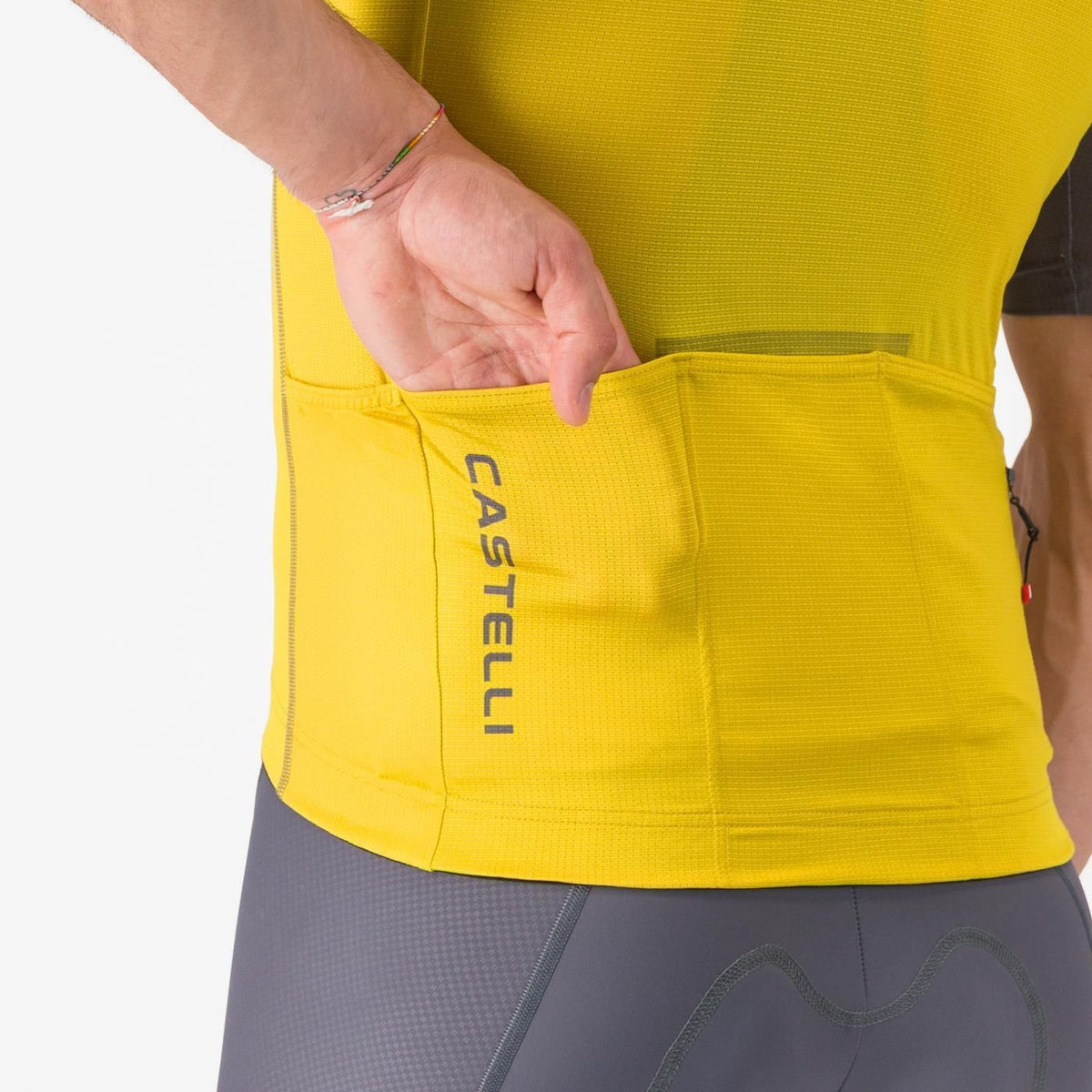Man showing back pockets on Castelli Unlimited Endurance 3 Cycling Jersey in grey and yellow