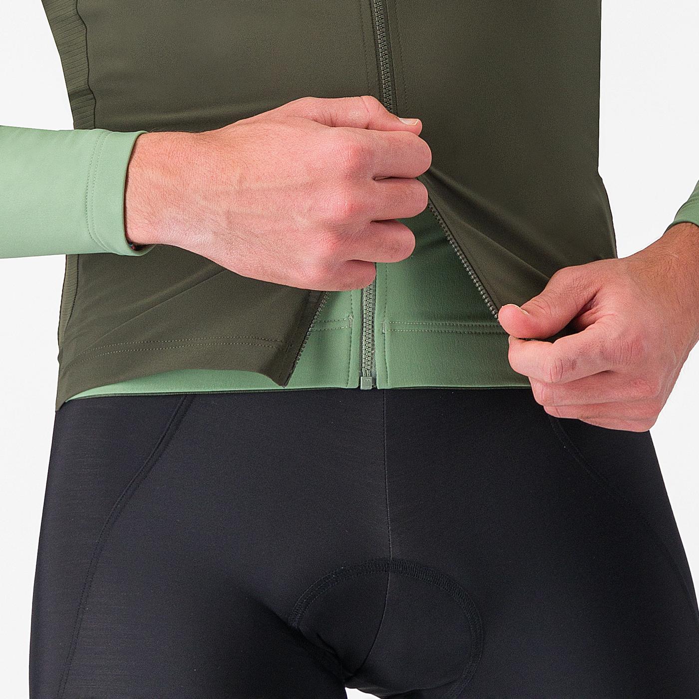 man wearing castelli espresso vest for wind protection while cycling, dark green colour, showing zip feature