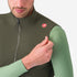 man wearing castelli espresso vest for wind protection while cycling, dark green colour, close up 