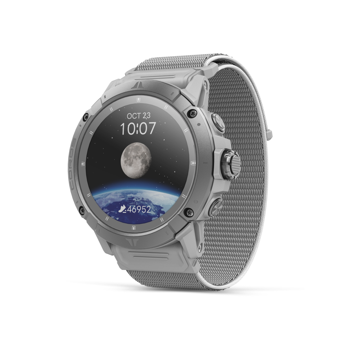coros vertix 2s adventure watch, light grey  nylon watch on white background