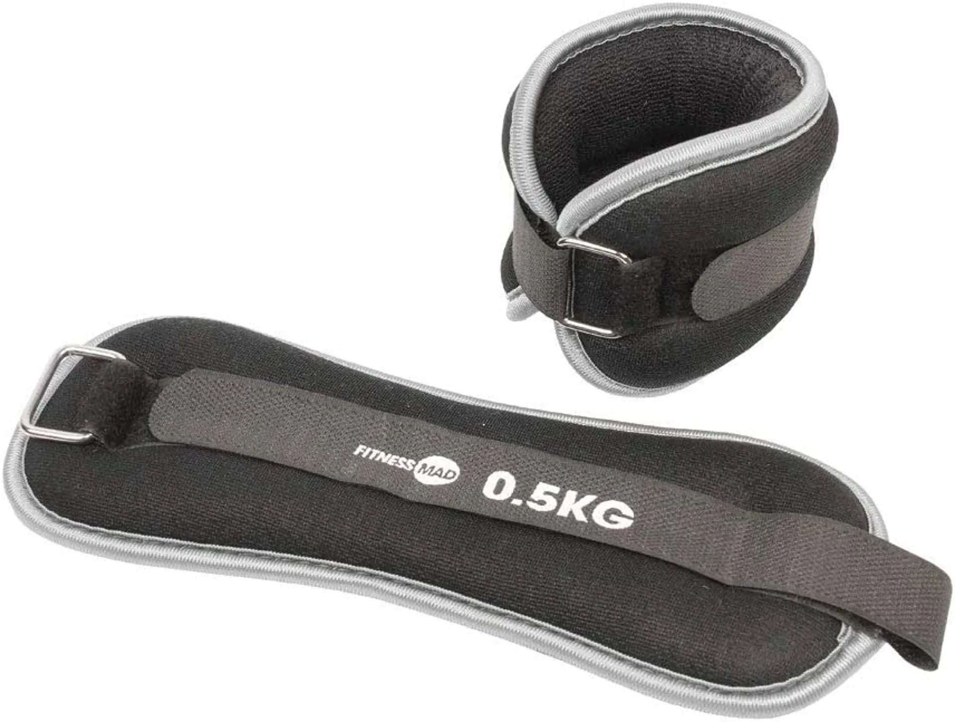 Black ankle weight with 'Fitness Mad' branding and '0.5KG' label 