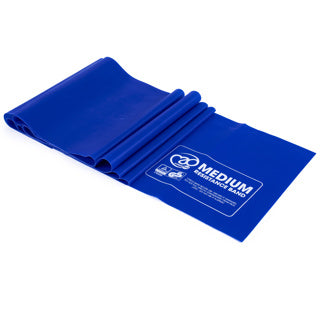 fitness mad resistance band with medium resistance, blue colour with a label on a white background