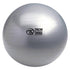 Silver exercise ball with size and weight markings on a white background