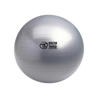 Silver exercise ball with size and weight information
