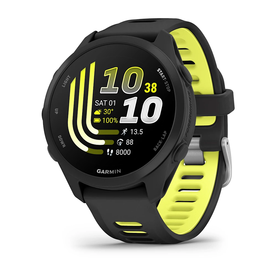 A Garmin smartwatch with a black case and a black-and-yellow perforated silicone strap, shown at a three-quarter angle on a white background.