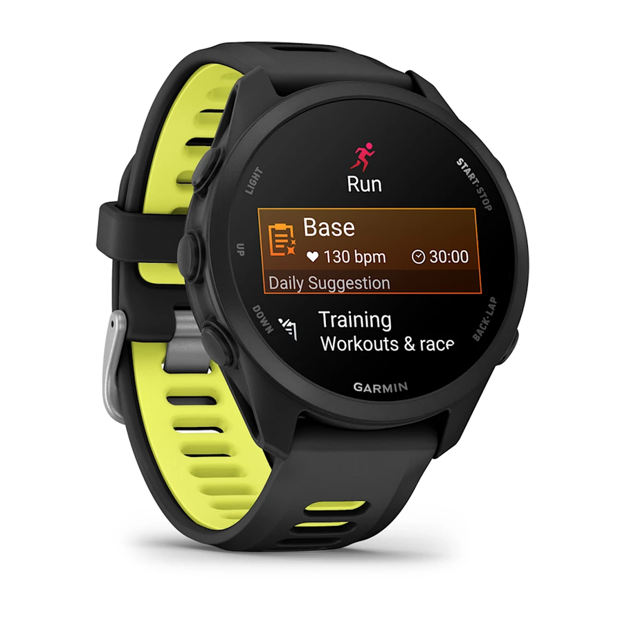 Garmin smartwatch with black and yellow band on a white background