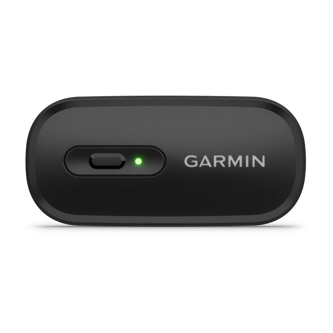 Black Garmin heart rate monitor device with a green light