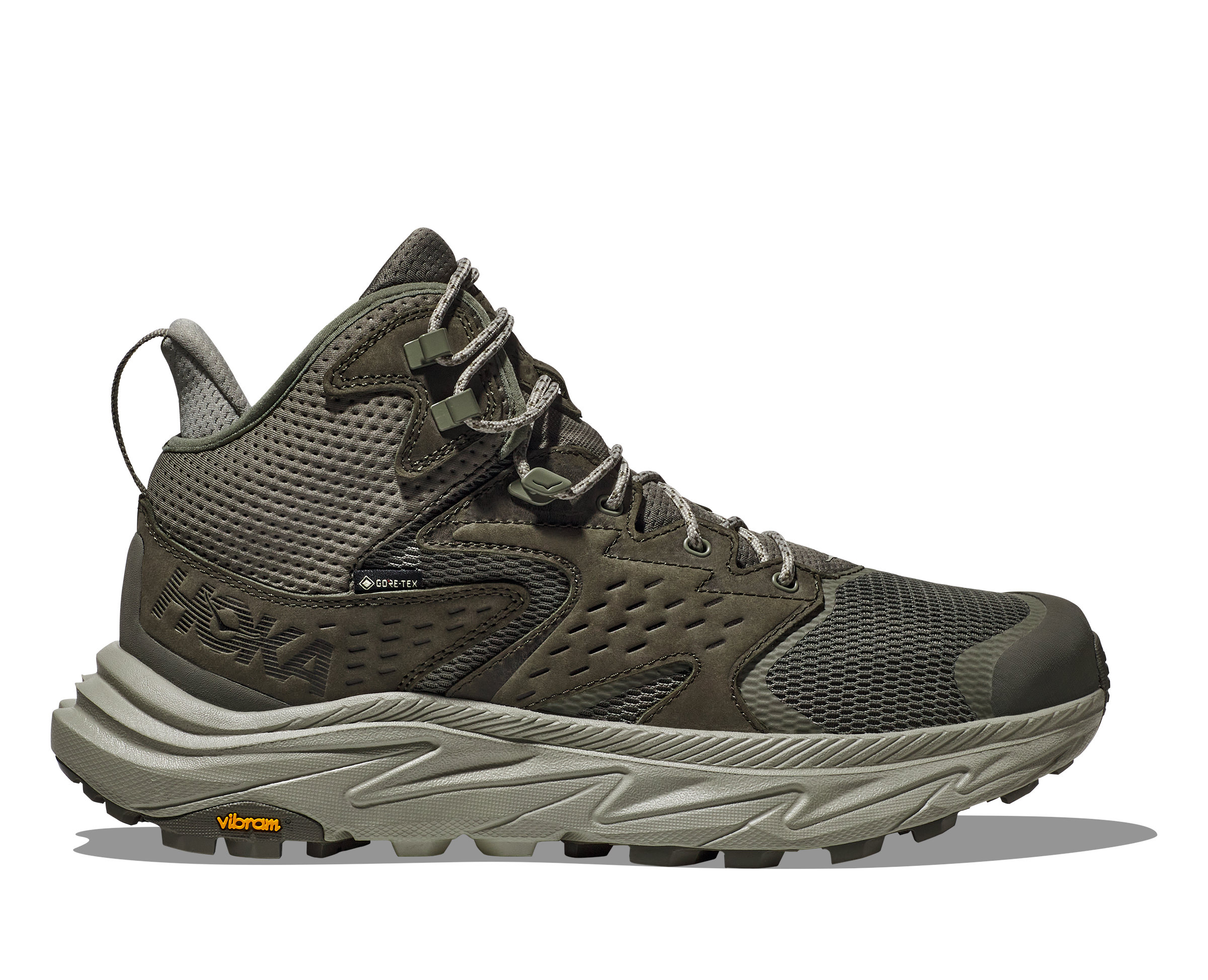Side of hoka walking boot mens anacapa 2 gore-tex slat barley green 